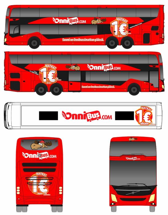 OnniBusin punainen bussi kuvattuna sivusta, ylhäältä, edestä ja takaa. Merkki on kolmiulotteinen tavaramerkki, jossa on sanallinen osa.