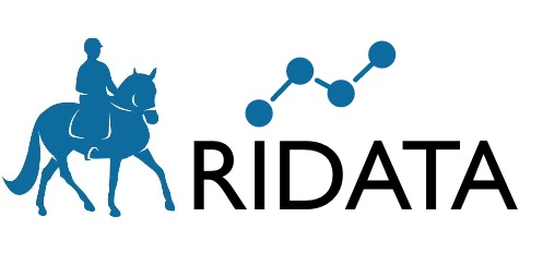 Merkissä hevonen ja ratsastaja hevosen selässä, datakäyrä ja sana RIDATA.