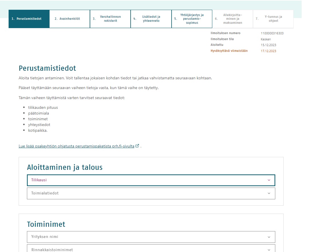 Kuvakaappaus osakeyhtiön ohjatusta sähköisestä perustamisesta.